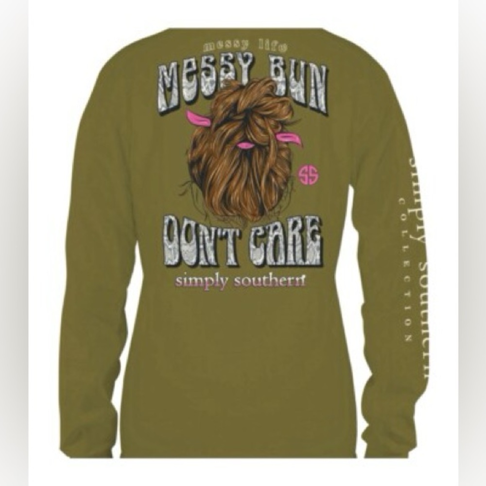 Simply Southern Messy Bun Dont Care Long Sleeve Graphic T-Shirt Womens S Green - Picture 2 of 9